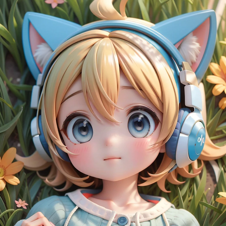 One girl、short hair、In the grassland、Light blue clothes、Wear cat ears and orange headphones on your head、Blonde