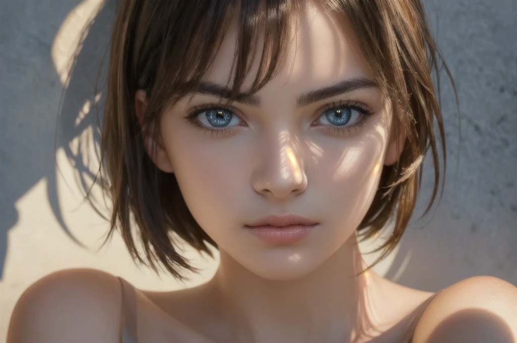 (best quality, high-quality, masterpiece:1.2, portrait, 4k full HD), Photo portrait of a pensive young brunette woman with sparkling eyes, detailed skin, (half her face concealed in shadow:1.4), tight close up on face, dark background, side lighting revealing her gaze, eye level, in the style of Nathan Wirth