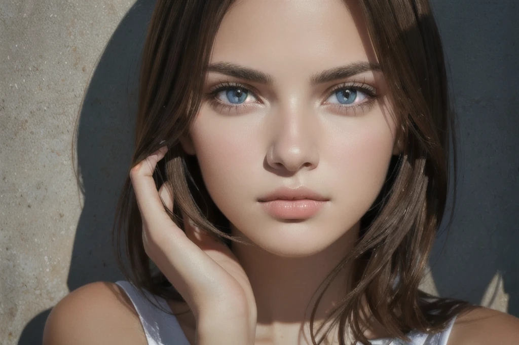 (best quality, high-quality, masterpiece:1.2, portrait, 4k full HD), Photo portrait of a pensive young brunette woman with sparkling eyes, detailed skin, (half her face concealed in shadow:1.4), tight close up on face, dark background, side lighting revealing her gaze, eye level, in the style of Nathan Wirth