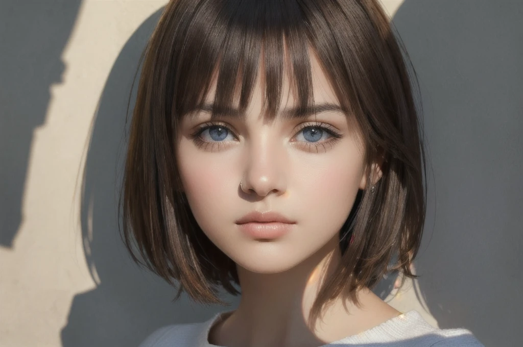 (best quality, high-quality, masterpiece:1.2, portrait, 4k full HD), Photo portrait of a pensive young brunette woman with sparkling eyes, detailed skin, (half her face concealed in shadow:1.4), tight close up on face, dark background, side lighting revealing her gaze, eye level, in the style of Nathan Wirth