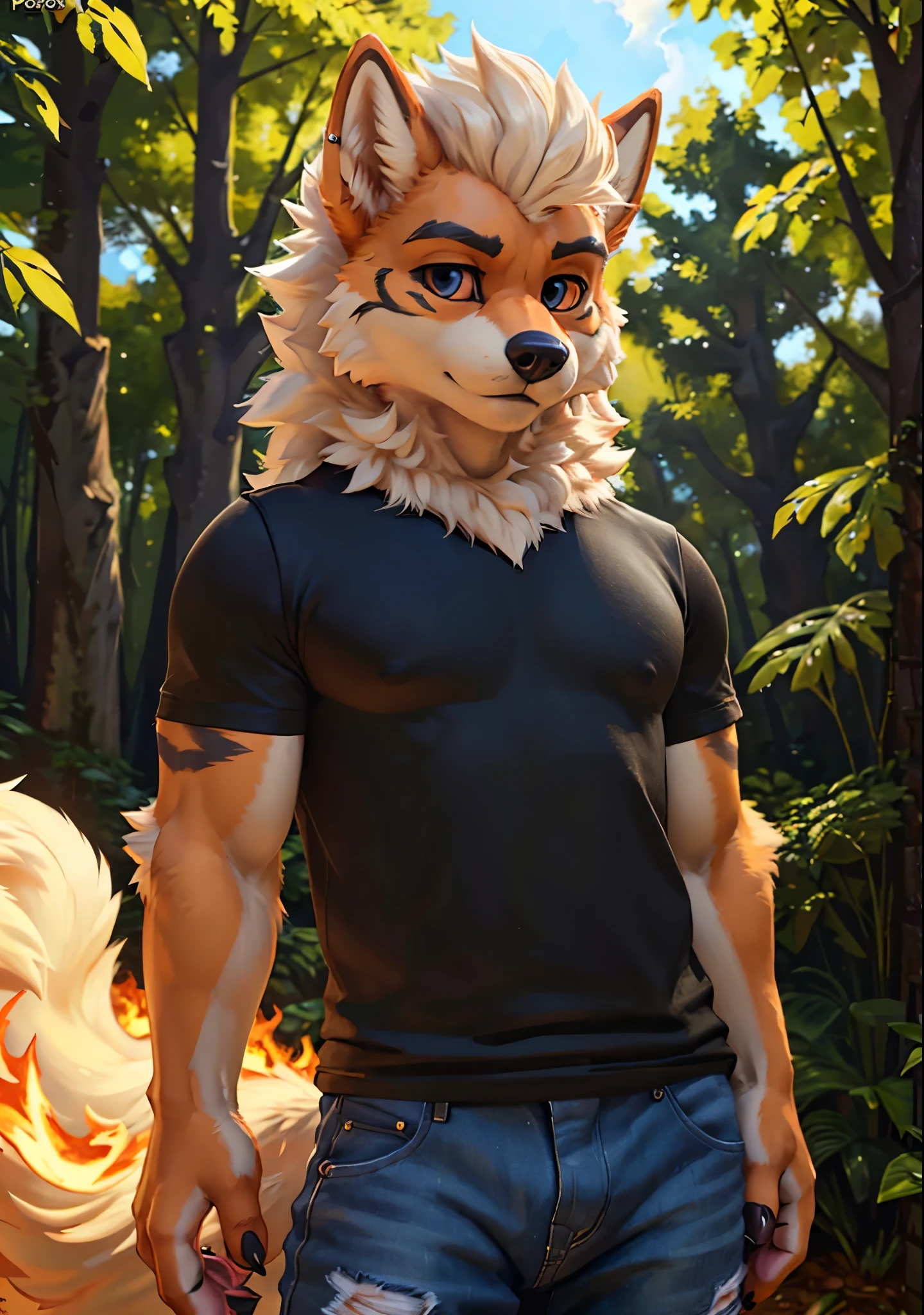 [pokemon; arcanine], [Uploaded to e621.net; (Foxovh), (Pixelsketcher), (mayosplash)], ((masterpiece)), ((HD)), ((High res)), ((solo portrait)), ((waist-up)), ((front view)), ((furry; anthro canine)), ((detailed fur)), ((detailed shading)), ((beautiful render art)), {(male anthro pokemon; arcanine), (orange fur black stripes), long arcanine ears, black pupil eyes), (expressionless)}, (black tee shirt), (dark blue straight fit jeans)}, {(Standing), (looking ahead), (dynamic pose)}, [background; (dark forest), (fire), (beautiful lighting)]