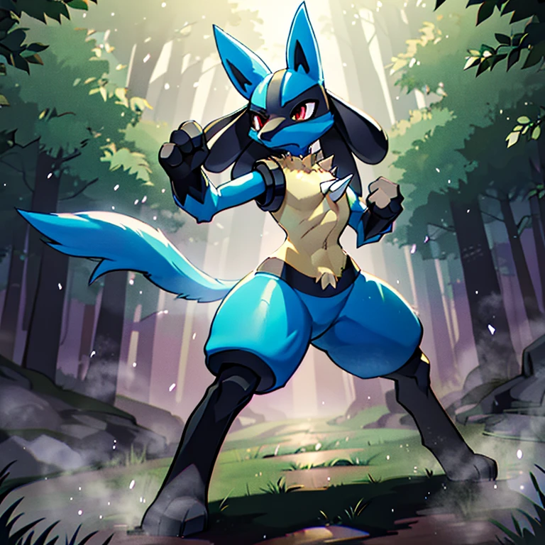 Lucario, standing, chest spike, forest, wearing handcuffed, big thighs, dynamic pose, combat pose, epic, cinematic lighting, volume lighting, bright tone, warm color, colorful,, masterpiece, super detail, high quality, award winning, best quality, highres, 16k