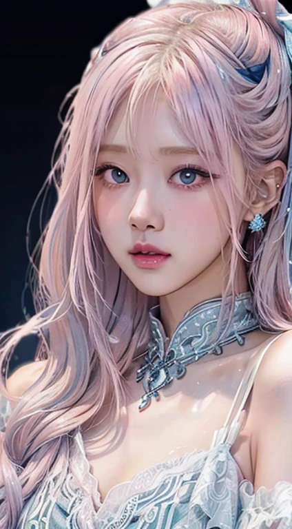 Realistic style, woman, oriental, 25 years old, long white hair with pink highlights, blue eyes, silver dress with pink and black details, singing on a stage