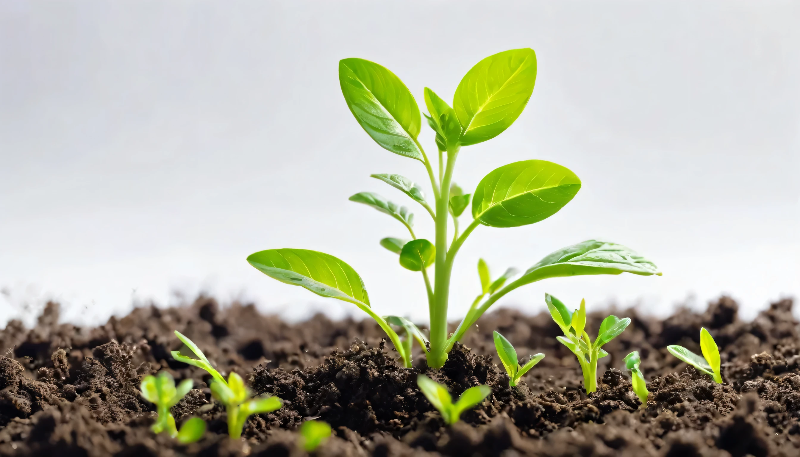 Vibrant green plant shoots grow from the soil isolated on white background