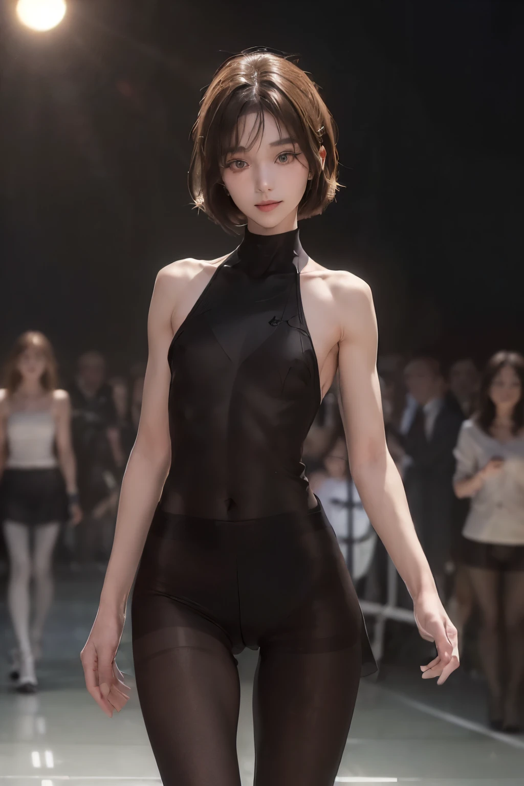 ((((Perfect Anatomy, Very detailedな肌)))), 1 girl, Japanese, 19 years old,  Glowing White Skin, Beautiful Hair, (Beautiful and light Ulzzang makeup idol face:1.2),Smiling and closed mouth:1.2,Beautiful symmetrical dark eyes:1.4, (Look at me with a smile:1.1),(Brown Bob:1.5),Beautiful clavicle, ((muscular and slender athlete physique,:1.7)), (((Very small breasts:1.9))),(Thin limbs:1.2), Beautiful legs with slim thighs:1.2,((Broad shoulders:1.4)), ((slim short torso:1.45)),Captivating thighs:1.2,(A simple pantyhose that covers the whole body:1.2), (((A thin black pantyhose that covers the whole body:1.6))),(Dynamic Model Pose:1.2,Cowboy photographed from the front:1.3), (( A Bright　runway　Fashion show with many guests:1.5)),(Spotlight:1.2),(8k, highest quality, Masterpiece​:1.2, Very detailed), (Realistic:1.4),