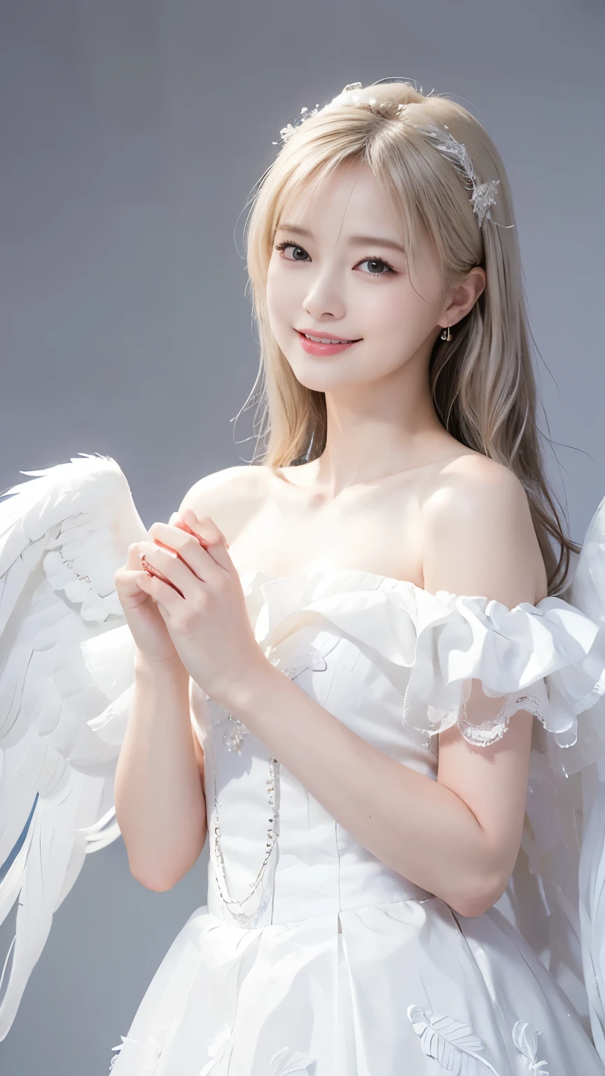 ((highest quality:1.3、8k、masterpiece))、One Girl、Detailed face 1:2、Cute Face、Fine grain、Laughter、Beautiful woman、Lesbians all over、Angelicales、Angel、White Skirt、White top、feather、Gentle light、Light background、Great background、White gold hair、Are standing