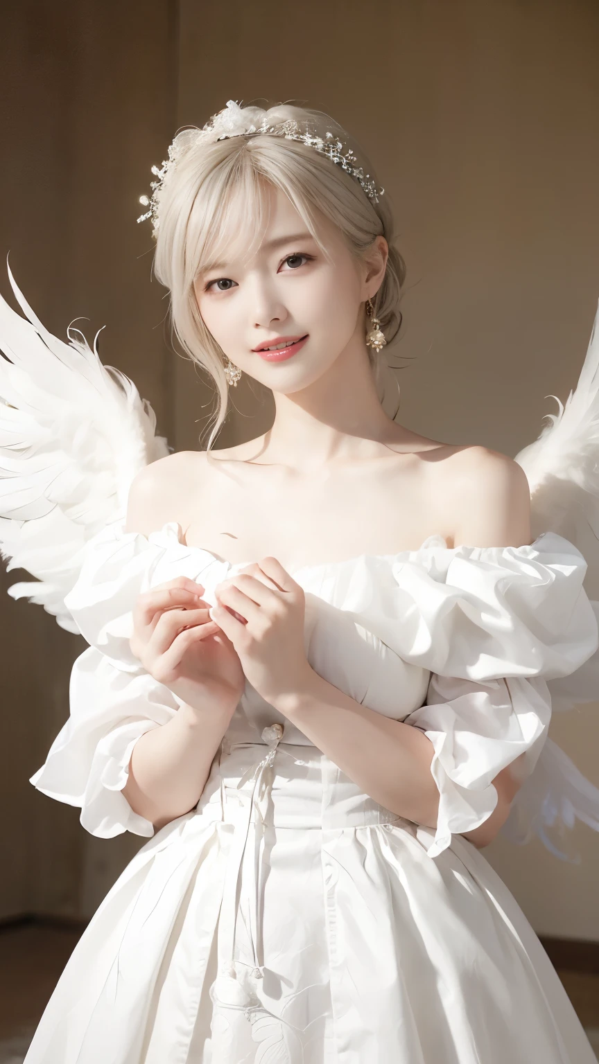 ((highest quality:1.3、8k、masterpiece))、One Girl、Detailed face 1:2、Cute Face、Fine grain、Laughter、Beautiful woman、Lesbians all over、Angelicales、Angel、White Skirt、White top、feather、Gentle light、Light background、Great background、White gold hair、Are standing
