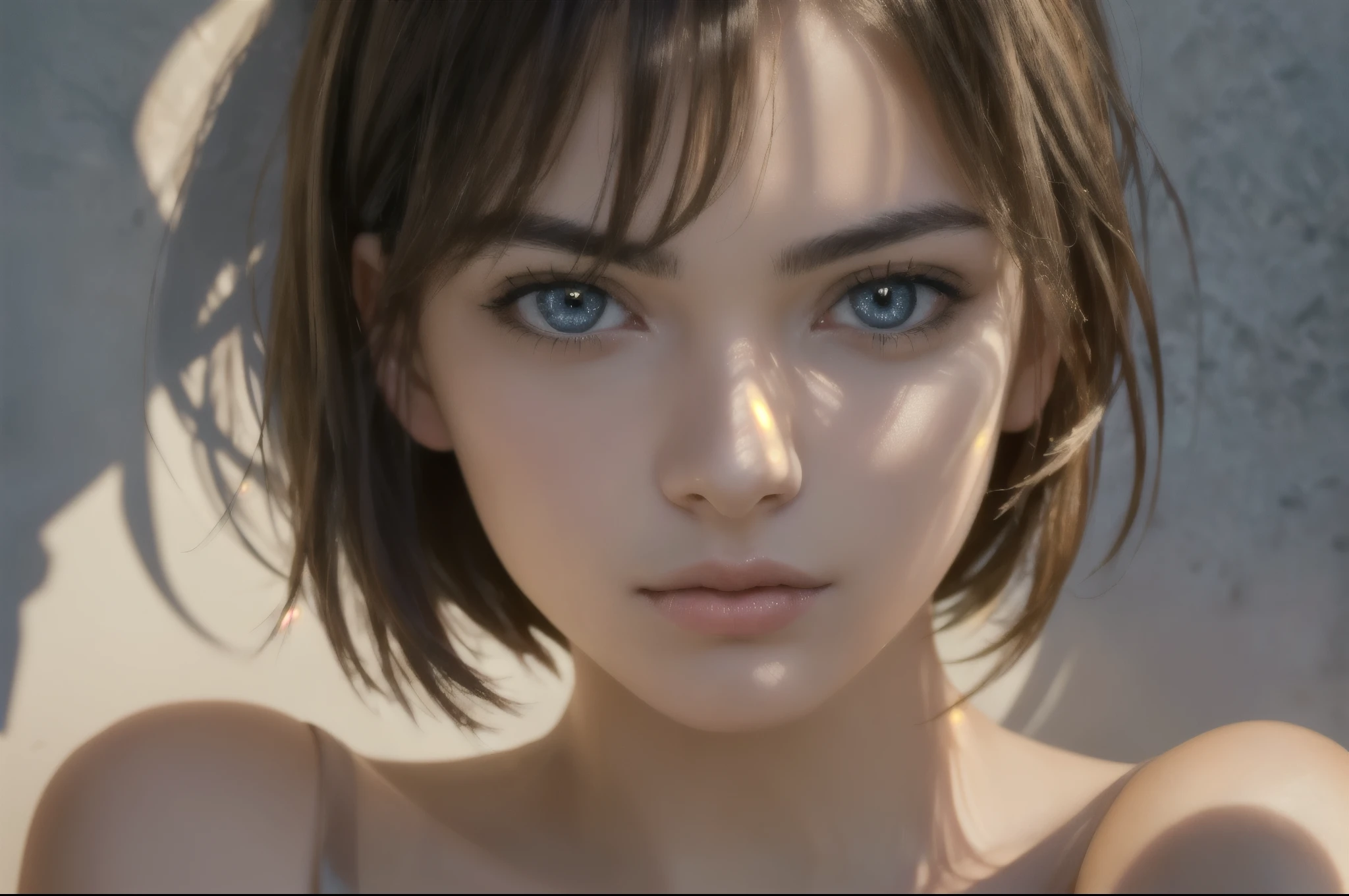 (best quality, high-quality, masterpiece:1.2, portrait, 4k full HD), Photo portrait of a pensive young brunette woman with sparkling eyes, detailed skin, (half her face concealed in shadow:1.4), tight close up on face, dark background, side lighting revealing her gaze, eye level, in the style of Nathan Wirth