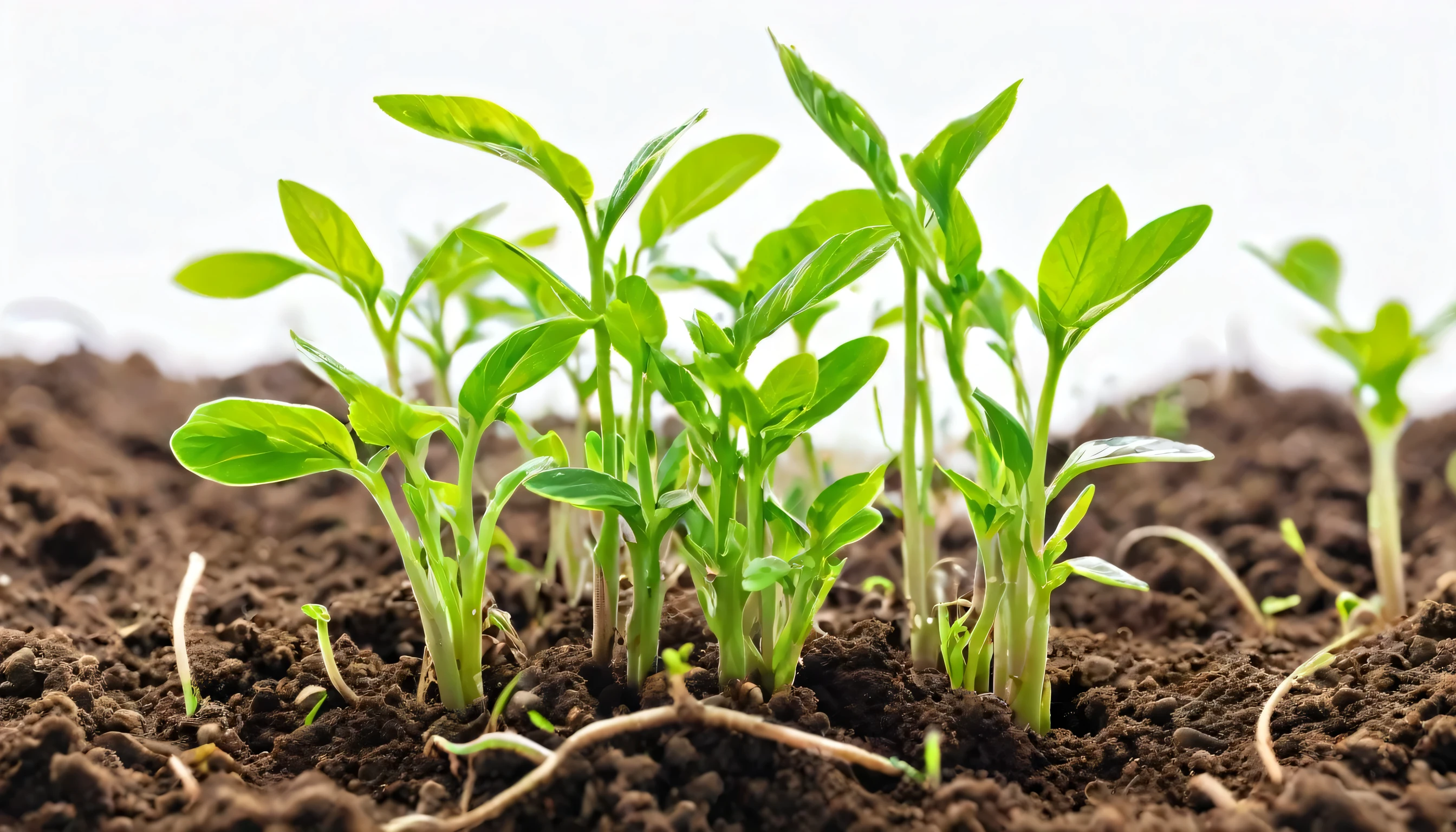 Vibrant green plant shoots grow from the soil isolated on white background
