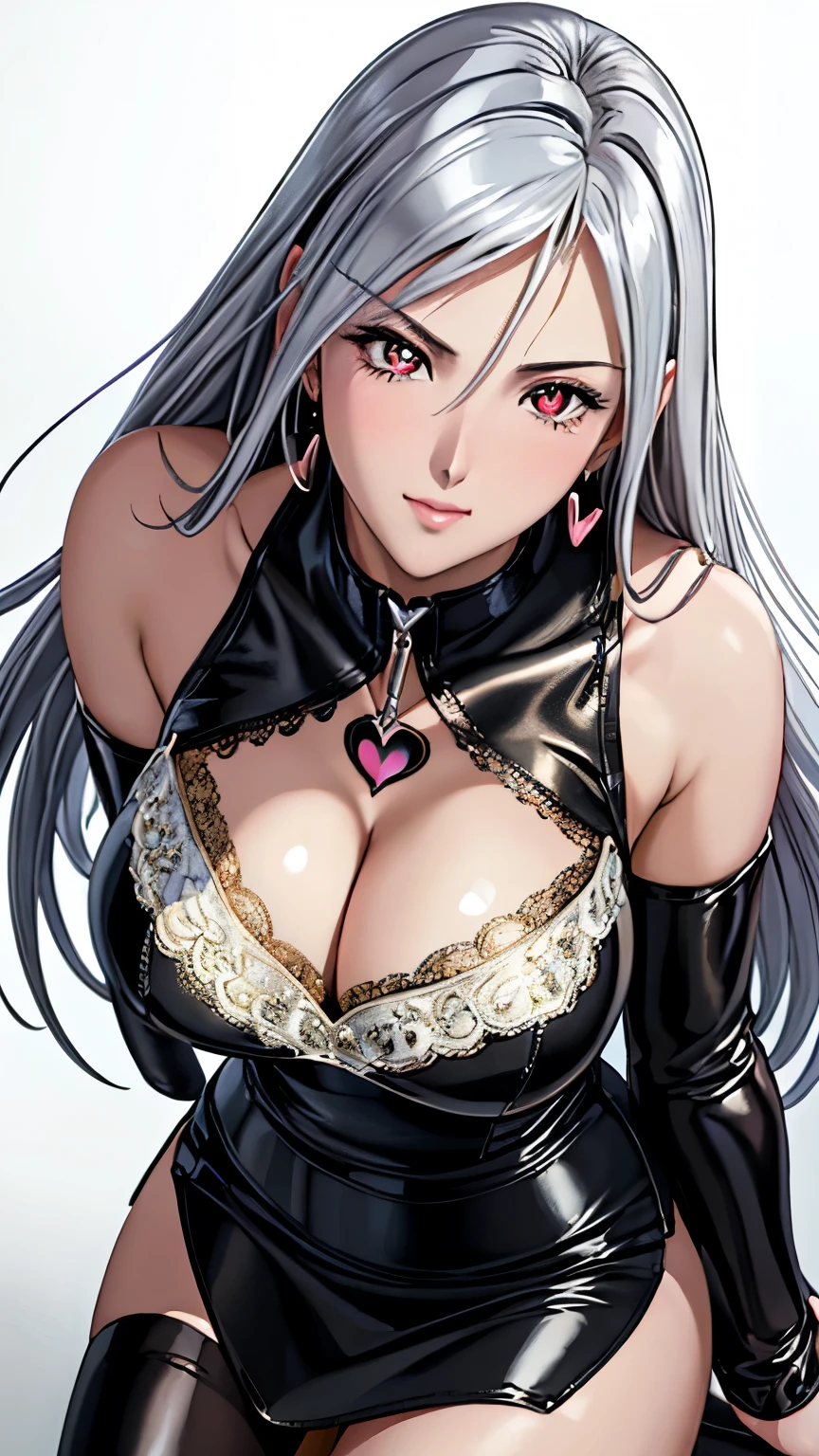 red eyes with slit pupils, (highest quality, masterpiece painting:1.3), immature woman, , (half body shot), masterpiece, ultra high resolution, (Photoreal:1.0), ((silver hair)),straight hair, beautiful shining hair, white and shining skin, (((heart shaped pupils:1.2))),((Ultra realistic details)), octane rendering, highly detailed face, (big breasts:0.8), ((gold lace camisole top, black leather pencil skirt, patent leather high heel boots, cleavage)), open neckline, cleavage, perfect body, soft skin, silver earrings, (pure white background:1.4), sharp focus, intricate details, professional artwork, (bright colors:1.1), bright colors, diffused lighting, digital blending, ultra-definition body, ultra detail hair, super detailed face, trending on pixiv, top button open, Cute gaze, compensate, perfect lips, perfect compensate, Ultra-precision coating, (light_smile:0.8), (Very embarrassed:1.2), blush your nose,