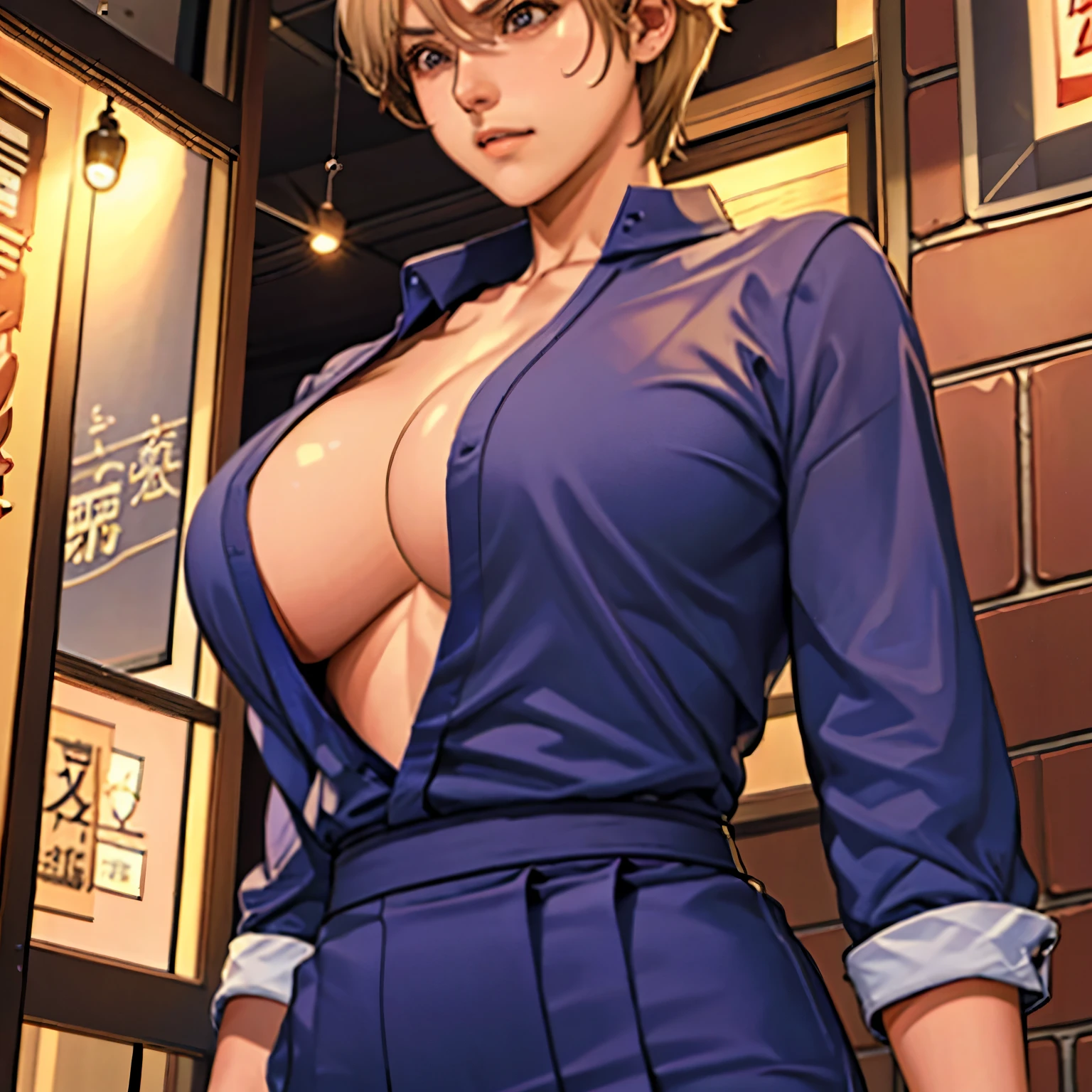 whole body、最高masterpiece、Woman drinking coffee in café、Anime Girls、Very short hairstyle、Short blonde、Detailed face、"(masterpiece、Premium Quality:1.2)、Random Pause、Dynamic Composition、Unbelievably huge breasts for a human body