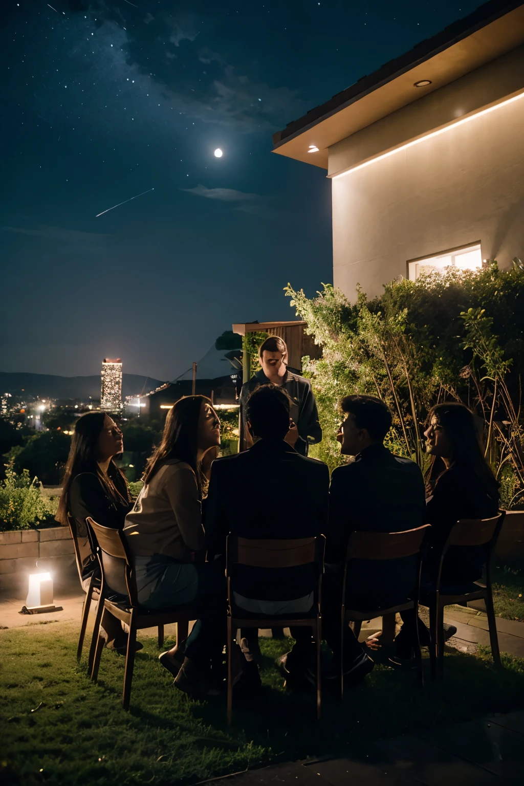 Night get together discussion where people sit together chatting a d watching sky, moon. Stars