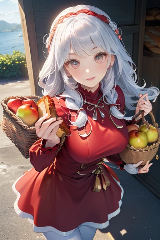 (ukiyoe painting:1.3),(3D Animation:1.3),(Fantasy style costumes),(Grimm fairy tale world),(Little Red Riding Hood,Little Red Riding Hood,red riding hood:1.3),(farmhouse entrance:1.3),(red little red riding hood:1.3),(((Red Tunic:1.3))),(((apples and bread in the basket),Cute and beautiful girl,Cute round face,Cute smile,with blush cheeks,Red Lip,(silver white hair,Floral braided headband,half up、Floral Braided Space Van,Voluminous Fishtail Braids,Twisted chignon,),(Bangs are see-through bangs),hair pin,hair adornments,detailed clothes features,Detailed hair features,detailed facial features,(Dynamic angles),(Dynamic and sexy poses),clothes that emphasize big breasts,Cinematic Light,(masutepiece,top-quality,Ultra-high resolution output image,depth of fields,intricate detailes,Make the subject look three-dimensional with the contrast of light and shadow,) ,(The 8k quality,Anatomically accurate facial structure,),(Sea Art 2 Mode:1.3),(Image Mode Ultra HD,)