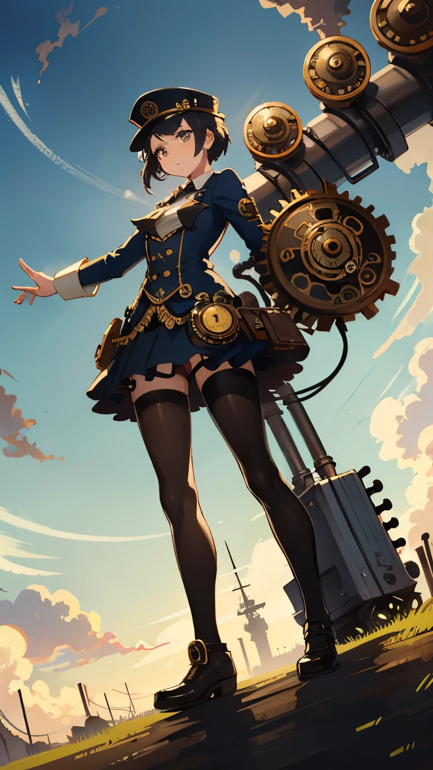 steampunkai。One Woman。Steampunk Postman。The background is a shaft、gear、Valve handle、A pattern made up of pipes。