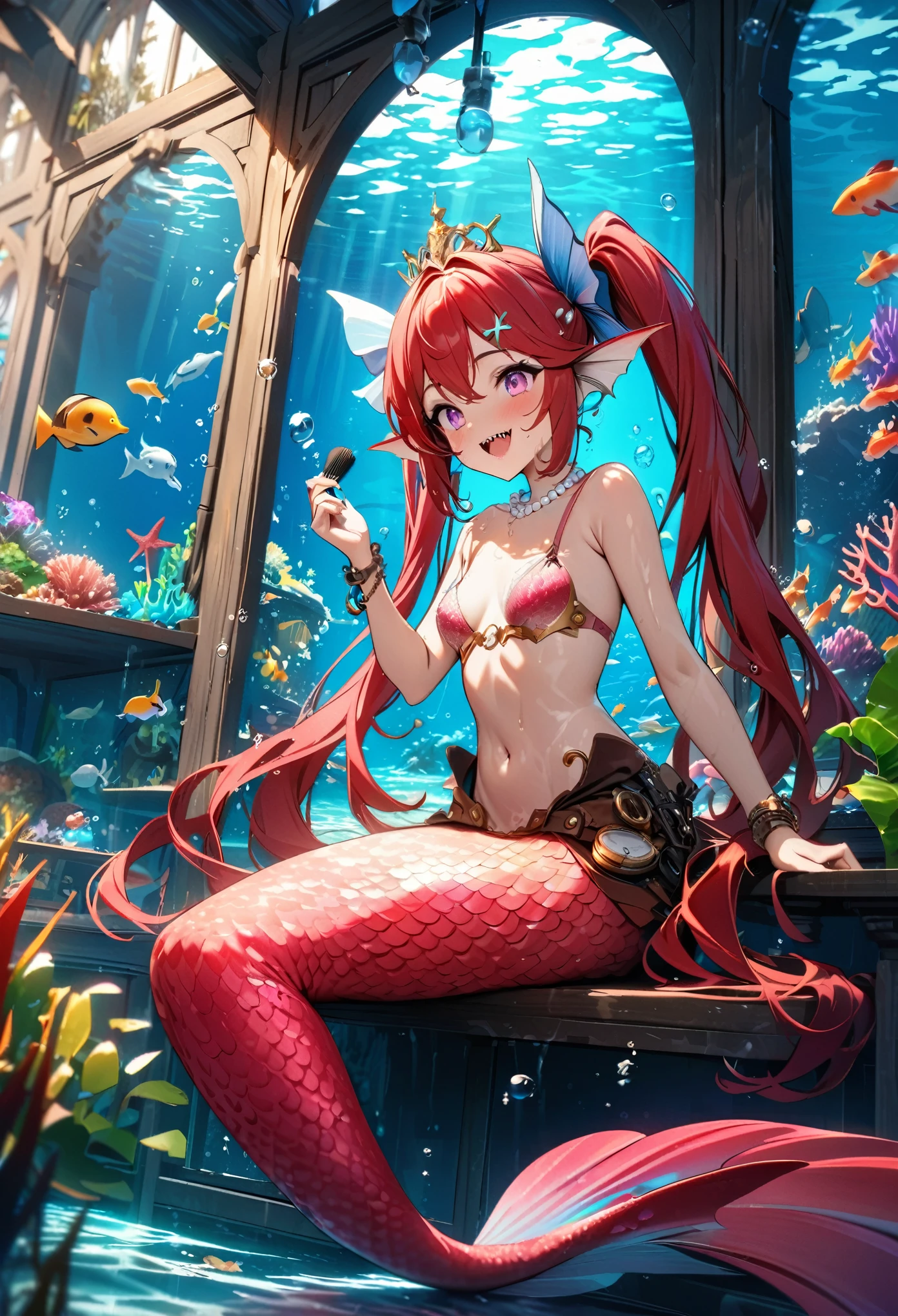 (best quality,4k,8k,highres,masterpiece:1.2),ultra-detailed, Pretty 15 years old princess magically transformed into a beautiful mermaid, race swap, fantastic transformation, none human, steampunk, fish like, wet body, dominant shades of red, surrounded by small bubbles, long and detailed mermaid tail with shimmering red fish scales, long fins ears, drawn in anime style, very long pigtails red hair, sharp teeth, is smiling, pink eyes, small breast, long pelvic and dorsal fins, pair of fish gills on her torso, red seashells bra, starfish hair clips, pearl earrings and bracelets, pearl necklace, hair ribbons, gold tiara, ocean depths, embracing her new life has a mermaid, joyful expression, brushing her hair with a hairbrush, sitting in front of a mirror, inside a underwater house, sparkling water, water reflections, ethereal atmosphere, subtle glow, whimsical and enchanting, underwater world, colorful coral reef, magical underwater lighting, vivid colors, breathing underwater, floating bubbles, endless ocean depths, sunlight filtering through the water, Highly detailed, masterpiece, high quality, 4K.