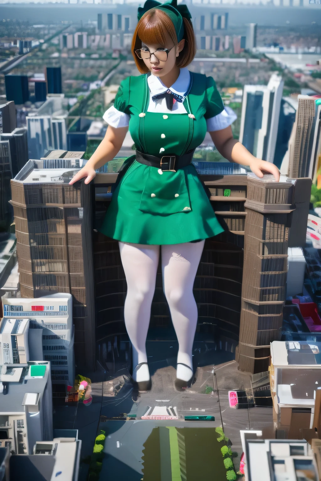 giantess art, highly detailed giantess shots, giantess, Two legs, Five fingers, short hair, A beautiful girl who is bigger than any skyscraper, Wearing rimless glasses, Big Breasts, Big Butt, Maid clothes, Black Pantyhose, black pantyhose, no shoes on, toes visible through pantyhose, Steam coming out from the soles of the feet, A very small big city, Miniature metropolis, Full body description, GTS, giga giantess, stomping city, crash city, tiny city, micro city, pantyhose feet, High resolution, highest quality, masterpiece, Maid, maid,