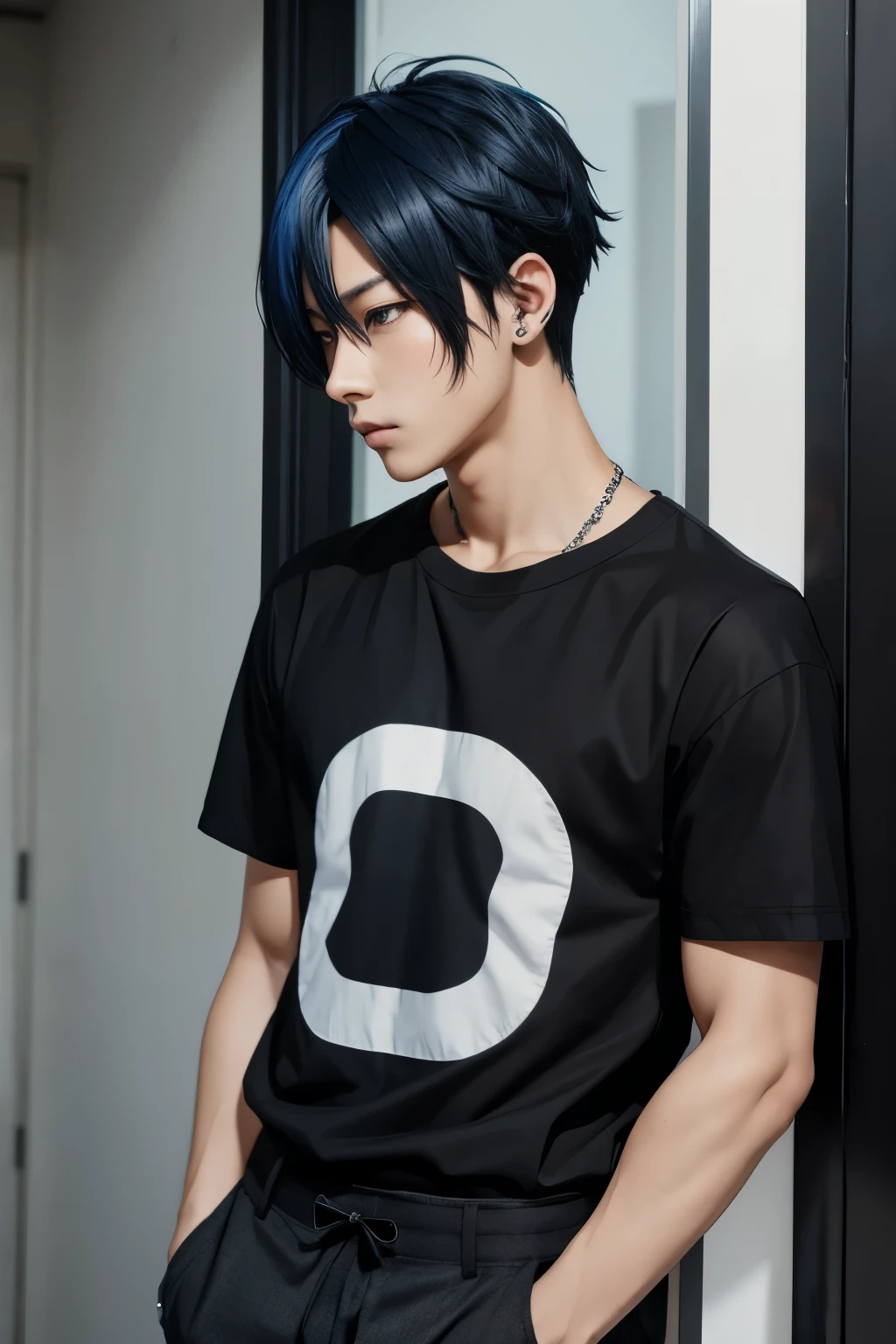 Black to blue hair anime boy mature shirt black and blue
