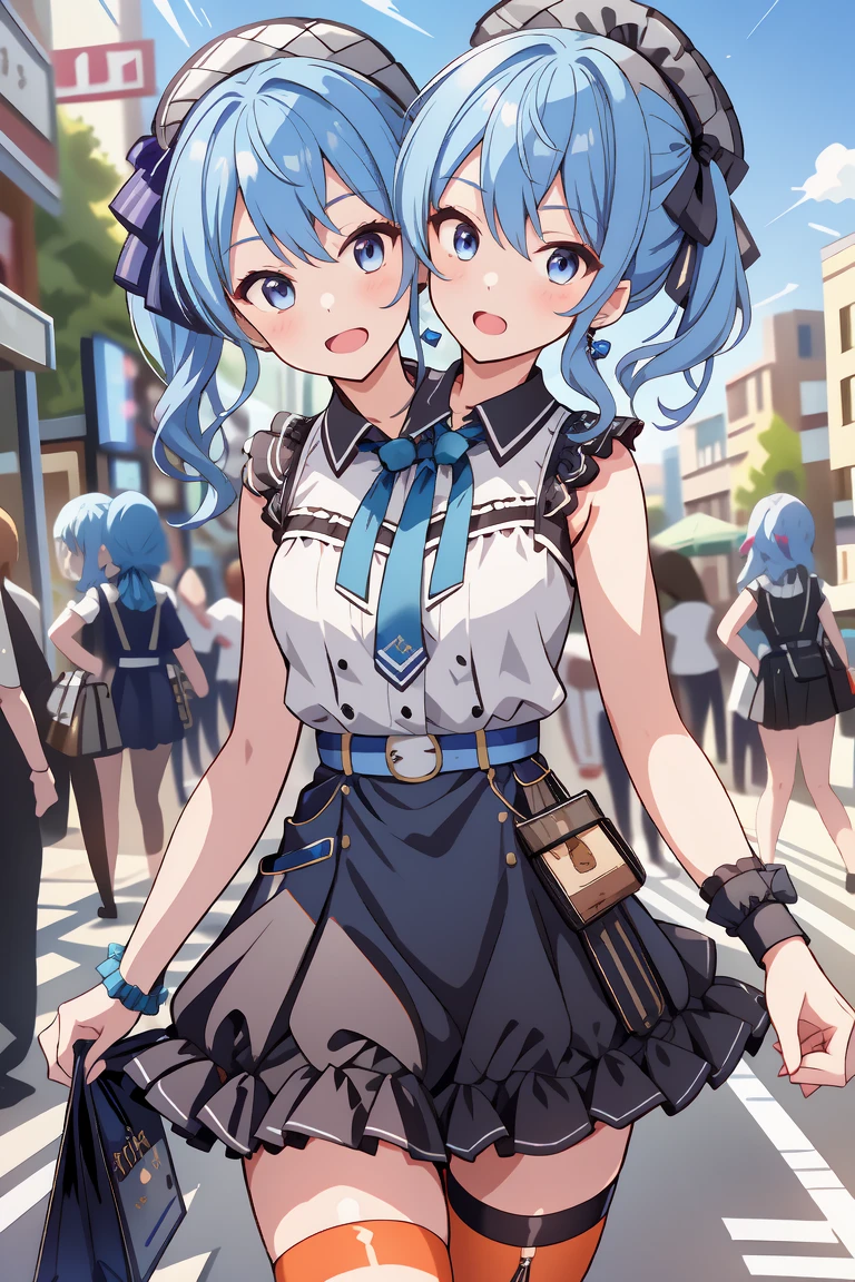 (masterpiece, best quality), best resolution, 16k, (2heads:1.5), close-up, 1girl, solo, HoshimachiSuisei, side ponytail, blue hair ribbon, SuiseiStreet, long hair, half updo, black beret, black dress, collared dress, sleeveless, bow earrings, lace choker, neck ribbon, black belt, orange pantyhose, o-ring thigh strap, single garter strap, ((hand holding a wallet)), ((look around, look at the sky)), surprised, frustrating, walking, open mouth, city, Shopping Street, street vendor, morning
