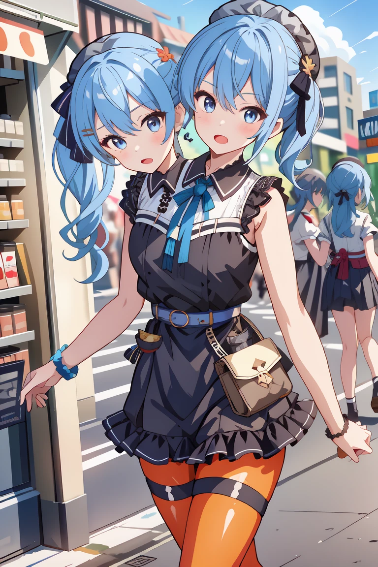 (masterpiece, best quality), best resolution, 16k, (2heads:1.5), close-up, 1girl, solo, HoshimachiSuisei, side ponytail, blue hair ribbon, SuiseiStreet, long hair, half updo, black beret, black dress, collared dress, sleeveless, bow earrings, lace choker, neck ribbon, black belt, orange pantyhose, o-ring thigh strap, single garter strap, ((hand holding a wallet)), ((look around, look at the sky)), surprised, frustrating, walking, open mouth, city, Shopping Street, street vendor, morning