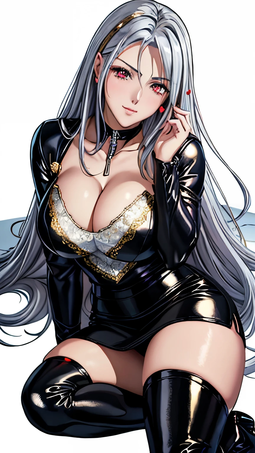 red eyes with slit pupils, (highest quality, masterpiece painting:1.3), immature woman, , (half body shot), masterpiece, ultra high resolution, (Photoreal:1.0), ((silver hair)),straight hair, beautiful shining hair, white and shining skin, (((heart shaped pupils:1.2))),((Ultra realistic details)), octane rendering, highly detailed face, (big breasts:0.8), ((gold lace camisole top, black leather pencil skirt, patent leather high heel boots, cleavage)), open neckline, cleavage, perfect body, soft skin, silver earrings, (pure white background:1.4), sharp focus, intricate details, professional artwork, (bright colors:1.1), bright colors, diffused lighting, digital blending, ultra-definition body, ultra detail hair, super detailed face, trending on pixiv, top button open, Cute gaze, compensate, perfect lips, perfect compensate, Ultra-precision coating, (light_smile:0.8), (Very embarrassed:1.2), blush your nose,