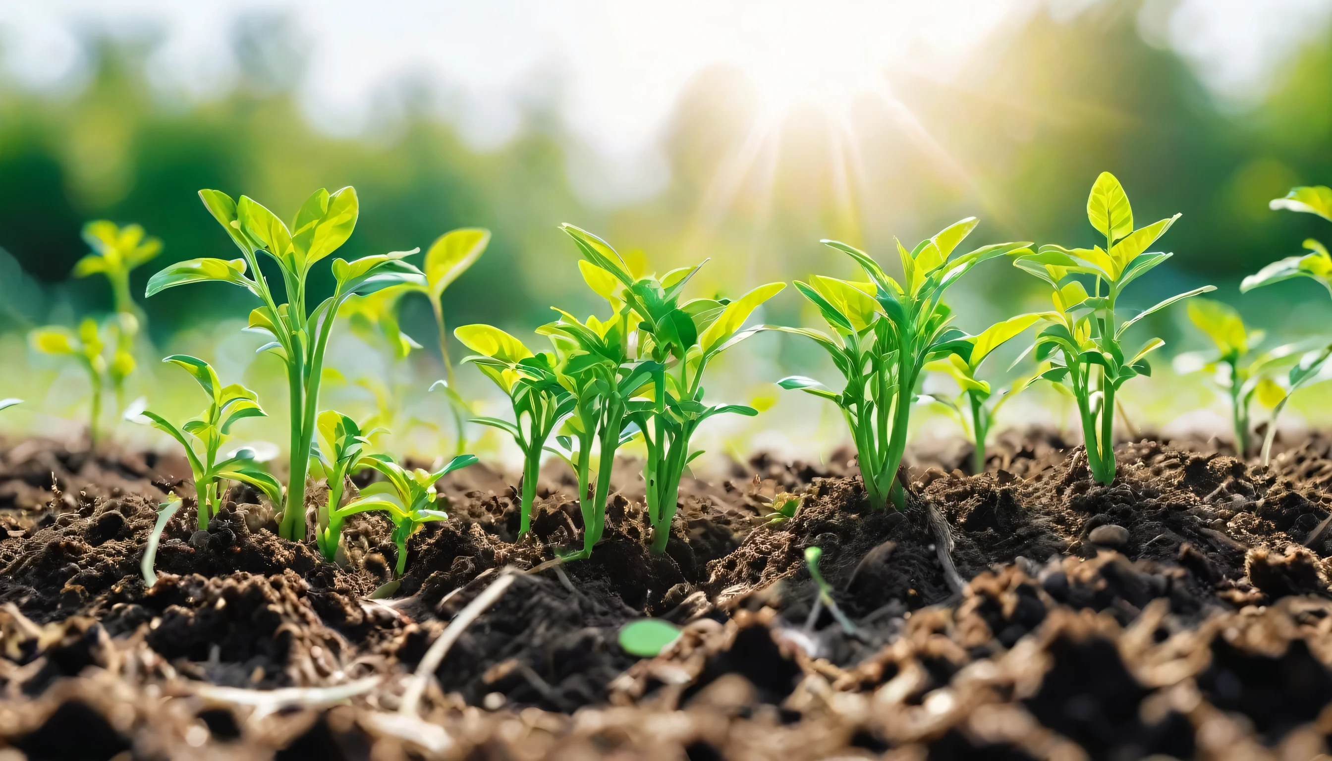 Vibrant green plant shoots grow from the soil isolated on white background
