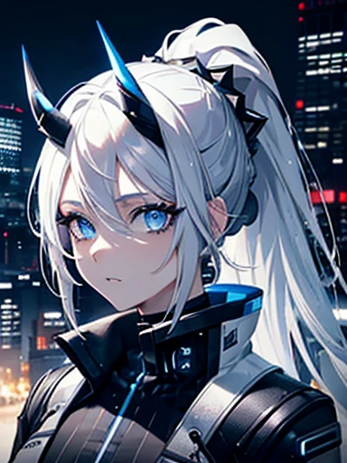 (masterpiece,best quality,ultra-detailed),1girl,white and silver and grey hair,long hair,(ponytail hairstyle), horns,cyber punk fashion, beautiful and detailed face, detailed eyes,(blue theme),looking at viewer,top,jacket, city in the background