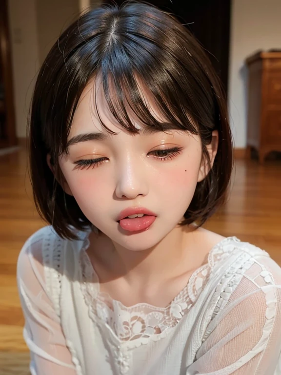 masterpiece, highest quality, Very detailed, figure, Blushing, Mouth wide open, Eyes closed, Bobcut, 14 years old,red lips,(((Sticking out your tongue)))