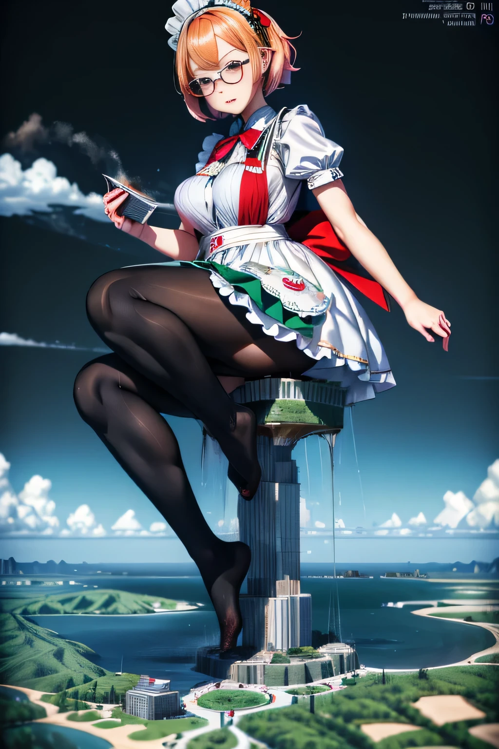 giantess art, highly detailed giantess shots, giantess, Two legs, Five fingers, short hair, A beautiful girl who is bigger than any skyscraper, Wearing rimless glasses, Big Breasts, Big Butt, Maid clothes, Black Pantyhose, black pantyhose, no shoes on, toes visible through pantyhose,  Steam coming out from the soles of the feet, A very small big city, Miniature metropolis, Full body description, GTS, giga giantess, stomping city, crash city, tiny city, micro city, pantyhose feet, High resolution, highest quality, masterpiece, Maid, maid, 