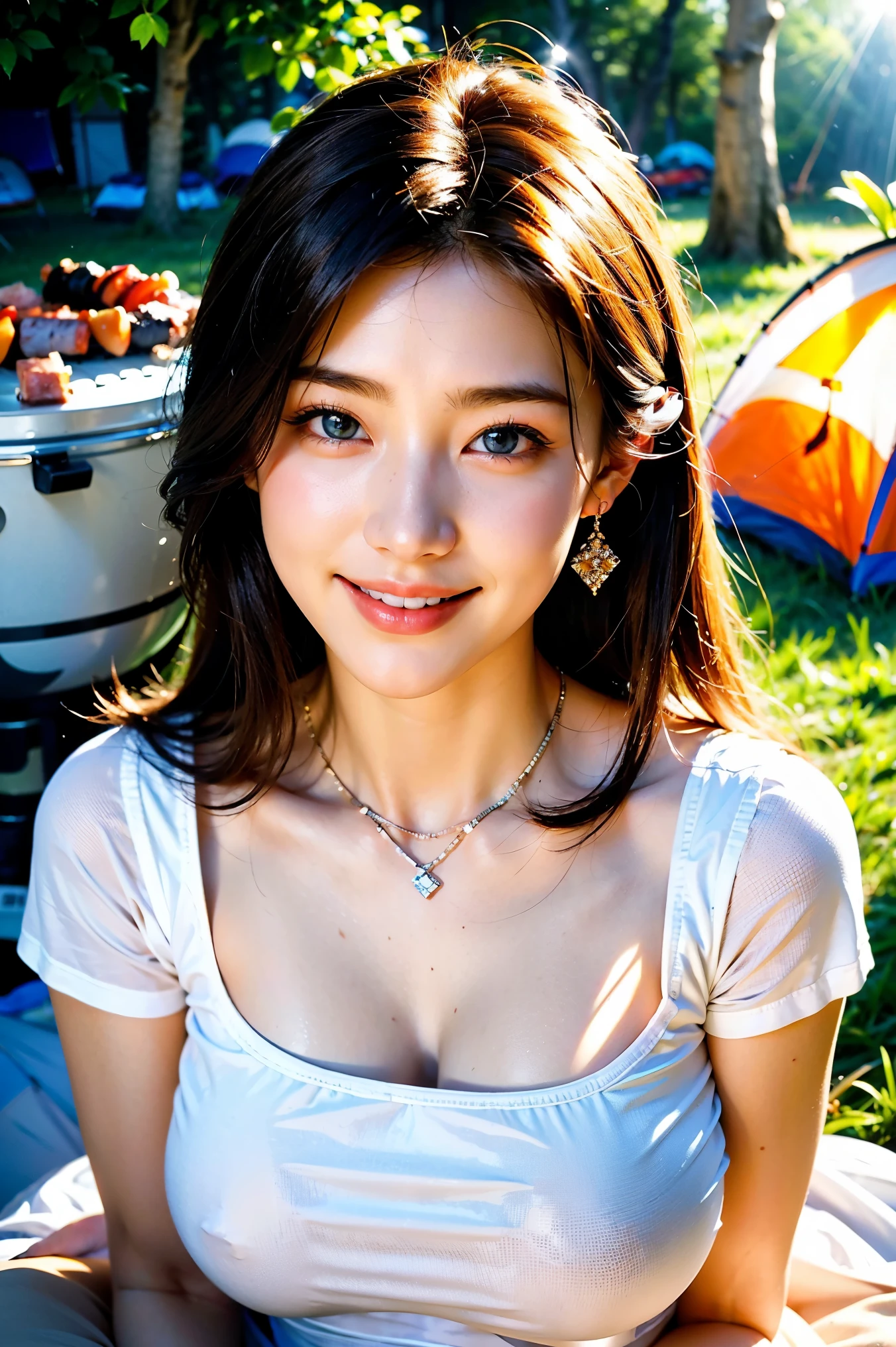 Maintain this face and pose image:1.5、Pale face and eyes:1.3、細いPale face and eyes:1.3, blue eyes:1.3、{RAW shooting、4k, 8k, highest quality}, {{Masterpiece}}, {Very delicate and beautiful}, Outstanding light and shadow, Highly detailed wallpaper, Sunny and bright sunlight, whole body, whole body、 1 girl, blush:1.2、Shaggy light brown long hair:1.3, Strong sunlight, Delicate Hair, Realistic skin texture, B cup breasts、valley, Fresh, Young Skin, Visible wrinkles on the skin., Broad shoulders:1.4, ((A strong light shines on your face:1.5)), Take dynamic poses:1.5, necklace、ring、Earrings、Toothy smile:1,5、smile:1.5, Ray Tracing, Sexy and seductive gestures、((Having a barbecue at the campsite:1.5))、((hot pants、White T-shirt))、Sit with your buttocks facing:1.2、Floating in the pool on a swim ring:2.0