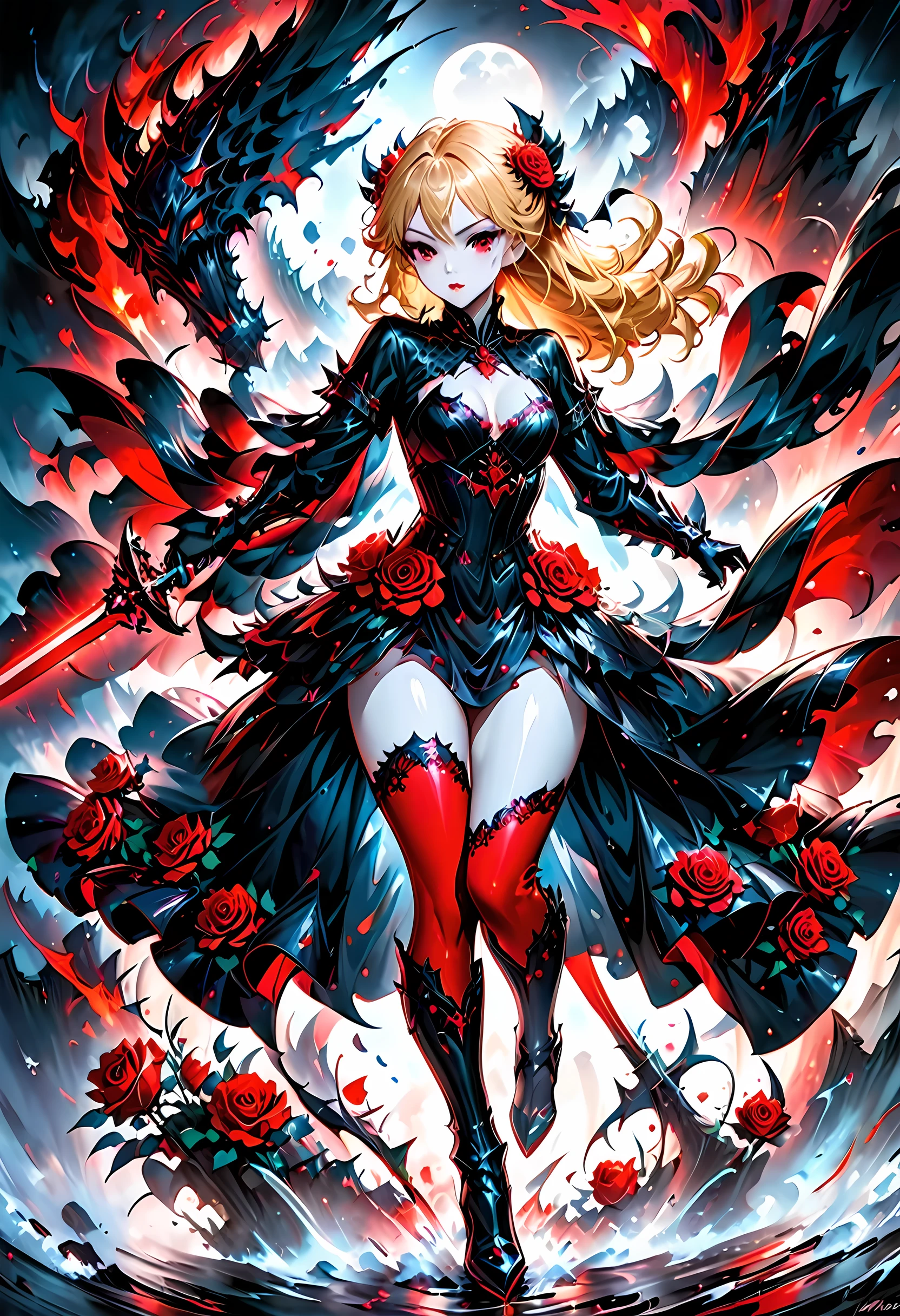 Arafed, action shot, Dark fantasy art, fantasy art, goth art, a picture of a female vampire, exquisite beauty, full body shot, dark glamour shot, pale white skin, blond hair, long hair, wavy hair, (glowing grey: 1.3) eyes, she wears a (red: 1.3) red thigh suit, ArmoredDress, she holds a sword in hand, (ready for battle: 1.4) , the roses are imprinted on the suit (black: 1.4) black roses, high heels, dark castle, dark, black and color, Dark Art Painting Style, flower dress, betmd