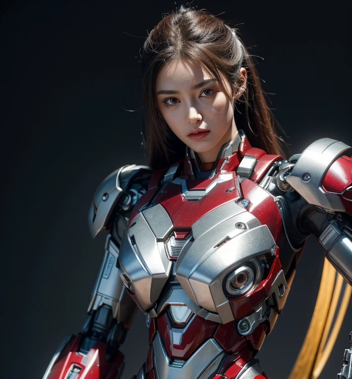 Textured skin, Super Detail, high details, High quality, Best Quality, hight resolution, 1080p, hard disk, Beautiful,(Iron Girl),beautiful cyborg woman,Mecha Cyborg Girl,Battle Mode,Girl with a Mecha Body,She wears an Iron Man mech,A powerful cyborg woman, sleek and futuristic, with advanced mechanical augmentations that enhance her strength and capabilities