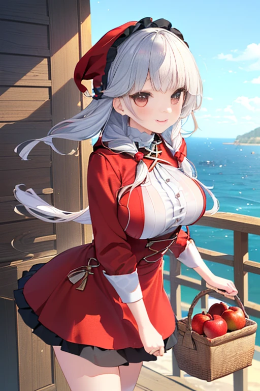 (ukiyoe painting:1.3),(3D Animation:1.3),(Fantasy style costumes),(Grimm fairy tale world),(Little Red Riding Hood,Little Red Riding Hood,red riding hood:1.3),(farmhouse entrance:1.3),(red little red riding hood:1.3),(((Red Tunic:1.3))),(((apples and bread in the basket),Cute and beautiful girl,Cute round face,Cute smile,with blush cheeks,Red Lip,(silver white hair,Floral braided headband,half up、Floral Braided Space Van,Voluminous Fishtail Braids,Twisted chignon,),(Bangs are see-through bangs),hair pin,hair adornments,detailed clothes features,Detailed hair features,detailed facial features,(Dynamic angles),(Dynamic and sexy poses),clothes that emphasize big breasts,Cinematic Light,(masutepiece,top-quality,Ultra-high resolution output image,depth of fields,intricate detailes,Make the subject look three-dimensional with the contrast of light and shadow,) ,(The 8k quality,Anatomically accurate facial structure,),(Sea Art 2 Mode:1.3),(Image Mode Ultra HD,)