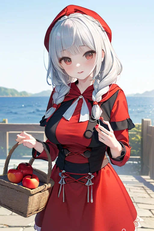 (ukiyoe painting:1.3),(3D Animation:1.3),(Fantasy style costumes),(Grimm fairy tale world),(Little Red Riding Hood,Little Red Riding Hood,red riding hood:1.3),(farmhouse entrance:1.3),(red little red riding hood:1.3),(((Red Tunic:1.3))),(((apples and bread in the basket),Cute and beautiful girl,Cute round face,Cute smile,with blush cheeks,Red Lip,(silver white hair,Floral braided headband,half up、Floral Braided Space Van,Voluminous Fishtail Braids,Twisted chignon,),(Bangs are see-through bangs),hair pin,hair adornments,detailed clothes features,Detailed hair features,detailed facial features,(Dynamic angles),(Dynamic and sexy poses),clothes that emphasize big breasts,Cinematic Light,(masutepiece,top-quality,Ultra-high resolution output image,depth of fields,intricate detailes,Make the subject look three-dimensional with the contrast of light and shadow,) ,(The 8k quality,Anatomically accurate facial structure,),(Sea Art 2 Mode:1.3),(Image Mode Ultra HD,)