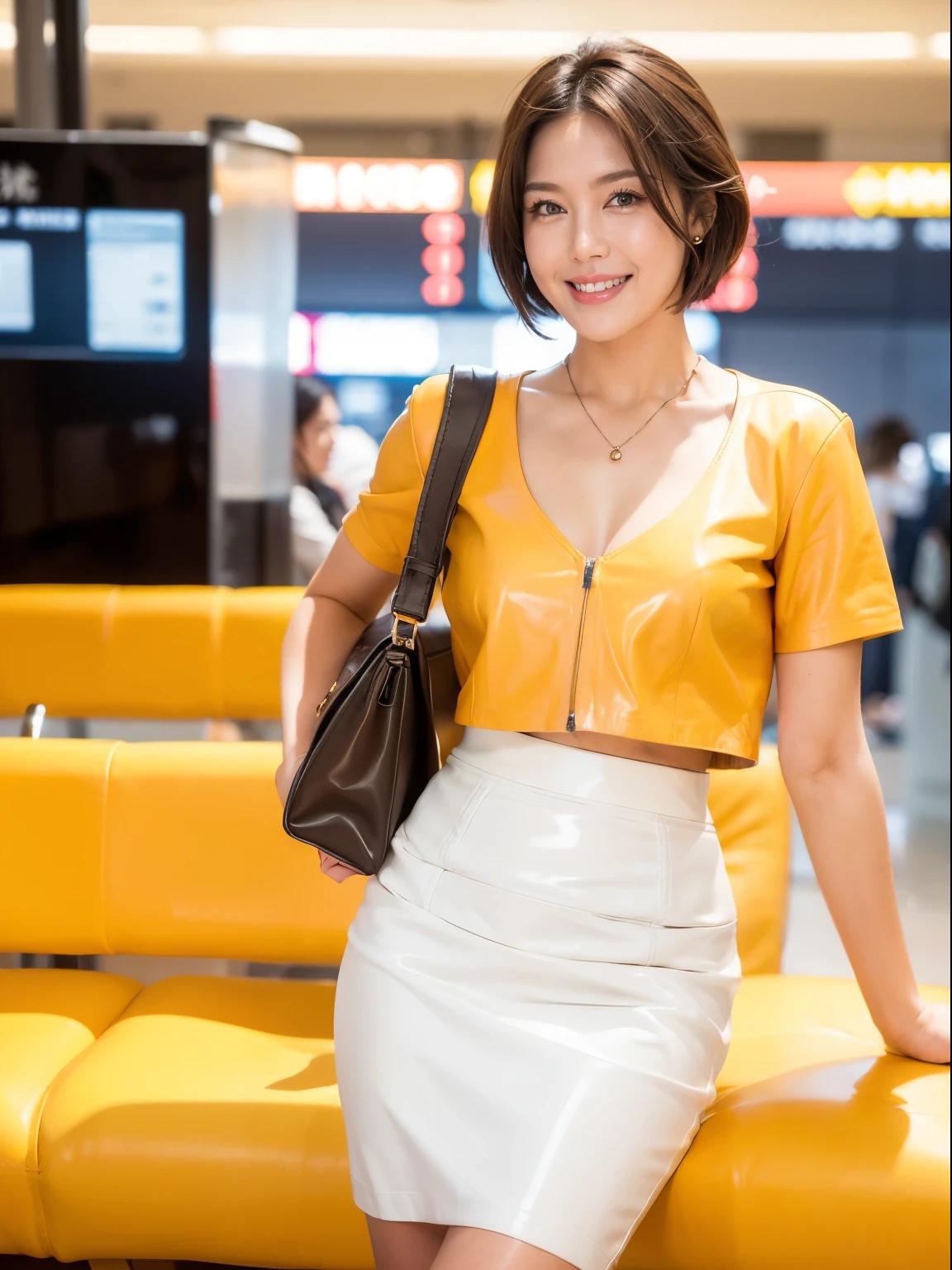 (RAW Photos:1.2), (Realistic:1.4),Beautiful detailed woman,非常にFine Eyesと顔, Fine Eyes, Very detailed,High resolution, Very detailed,highest quality,Awareness-raising,Unified,8k wallpaper,masterpiece,highest quality,1 female,alone,rich,Esbian all over,(Short brown hair:1.2),(Bob Hair),(A little chubby:0.8),Thick legs,alone,(Yellow Business Suit:1.4),(White genuine leather pencil skirt:1.6)、Black pumps、(I have a small carry-on bag for business purposes..:1.4),jewelry, necklace ,short hair,A kind smile,A dignified atmosphere,black eye,Realistic, (Morning Airport:1.2),(Stand upright:1.4),(go to work:1.4)