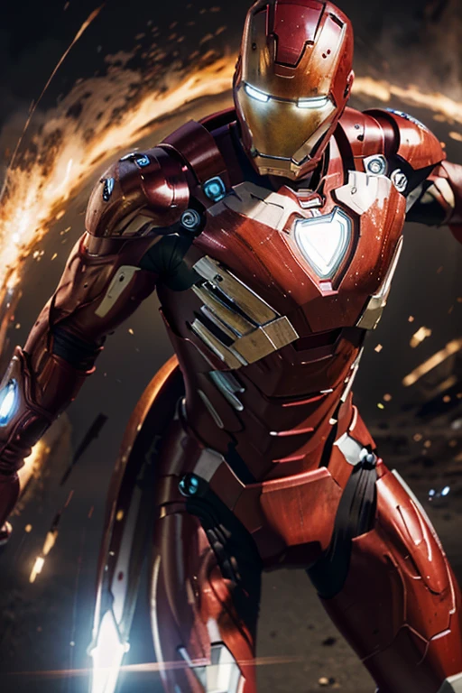 Ironman wait to blast his weapon, Top Quality, Masterpiece, High Resolution, 8k, One Man, Detailed Line Art, Bright White and Bright Amber Style, Digital Enhancement, Close Up, Anime Core, Flowing Fabric