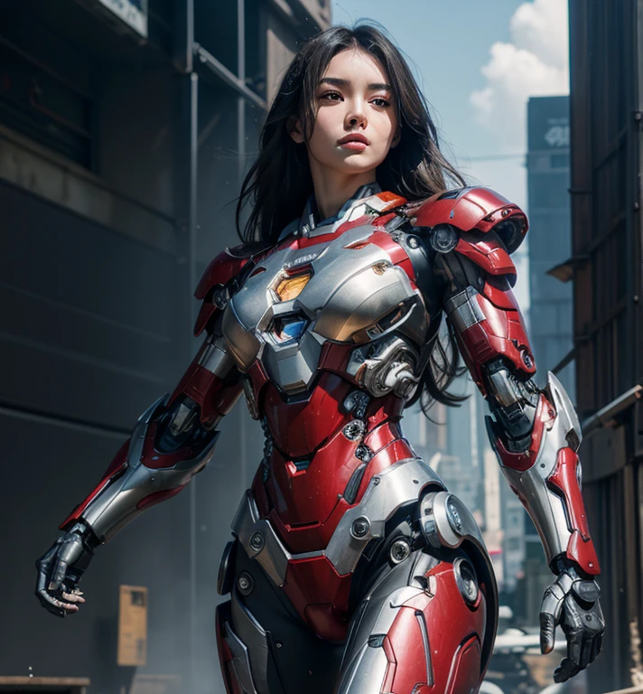 Textured skin, Super Detail, high details, High quality, Best Quality, hight resolution, 1080p, hard disk, Beautiful,(Iron Girl),beautiful cyborg woman,Mecha Cyborg Girl,Battle Mode,Girl with a Mecha Body,She wears an Iron Man mech,A powerful cyborg woman, sleek and futuristic, with advanced mechanical augmentations that enhance her strength and capabilities