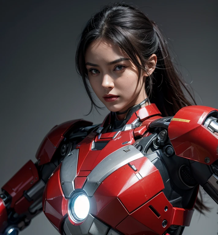 Textured skin, Super Detail, high details, High quality, Best Quality, hight resolution, 1080p, hard disk, Beautiful,(Iron Girl),beautiful cyborg woman,Mecha Cyborg Girl,Battle Mode,Girl with a Mecha Body,She wears an Iron Man mech,A powerful cyborg woman, sleek and futuristic, with advanced mechanical augmentations that enhance her strength and capabilities