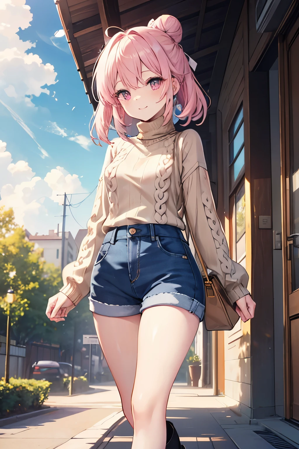 Pink Hair、Pink Eyes、girl、Small breasts、Hair Bun、girl、Small breasts、Lolita、Bright smile、Looks about 15 years old、Petan Musume、short、目のhighlight、Sexy thighs、Walking Outside、blue sky、(Long knit sweater with beige high neck:1.4), ,(Blue jeans fabric shorts),(Black boots)、(Small Black Enamel Bag)、Your eyes are so beautiful、highlight