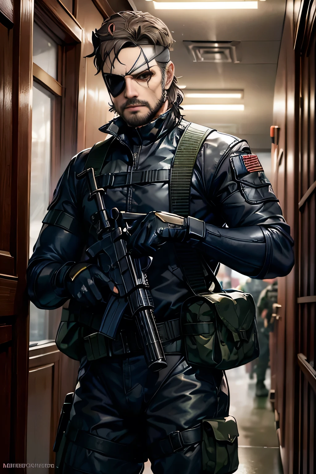 Tight Combat Suit, sneaking suit, 1boy,  Big Boss\(Metal Gear Solid)\, blue eyes, brown hair, facial hair, (single eyepatch:1.2), (grey headband:1.3),  

Sneaking into enemy territory while carrying an M4 carbine, hiding along a wall in a dimly lit building