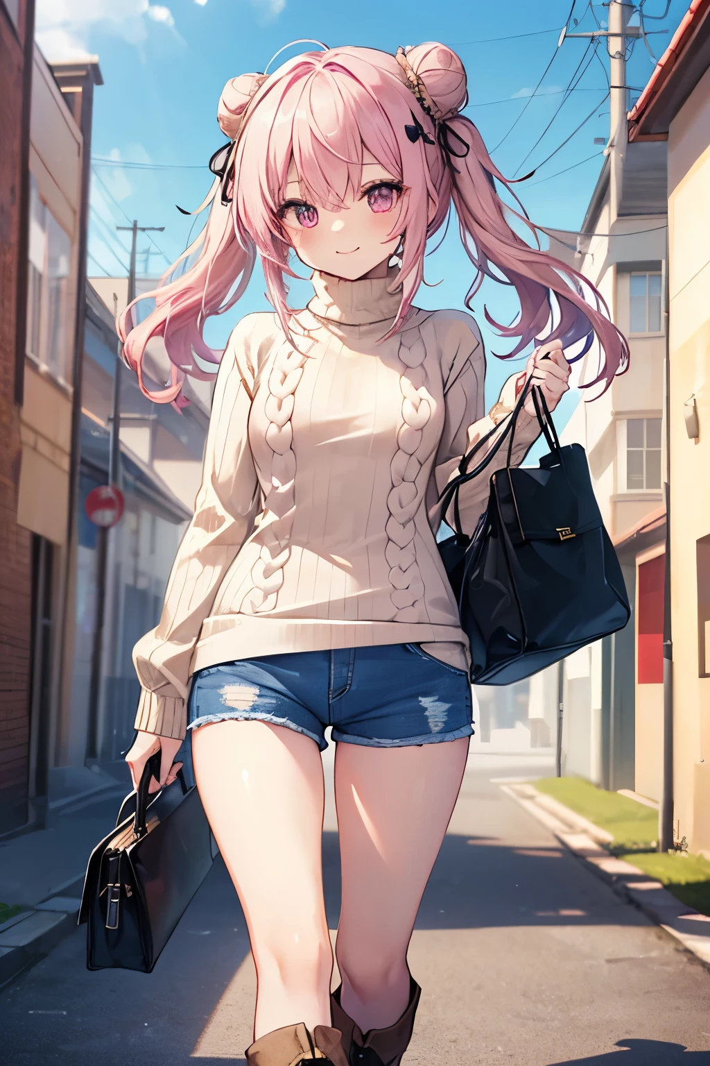 Pink Hair、Pink Eyes、girl、Small breasts、Hair Bun、girl、Small breasts、ta、Bright smile、Looks about 15 yan Musume、short、目のhighlight、Sexy thighs、Walking Outside、blue sky、(Long knit sweater with beige high neck:1.4), ,(Blue jeans fabric shorts),(Black boots)、(Small Black Enamel Bag)、Your eyes are so beautiful、highlight