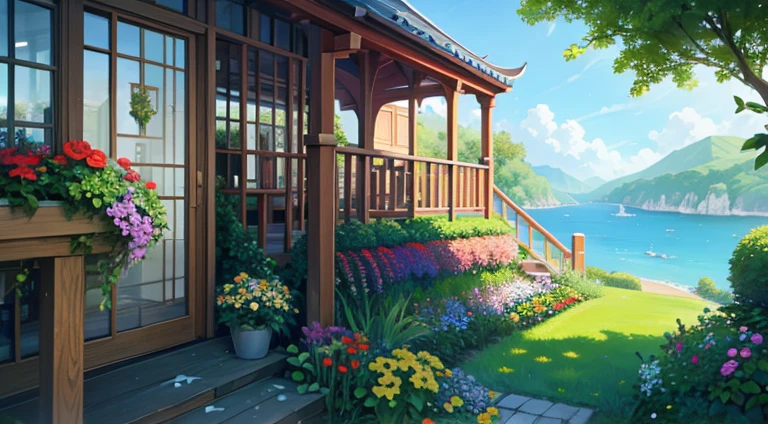 Beautiful elevated seaside balcony、Colorful flowers around、green、A landscape with depth、Fantasy worldview、Castle-like interior