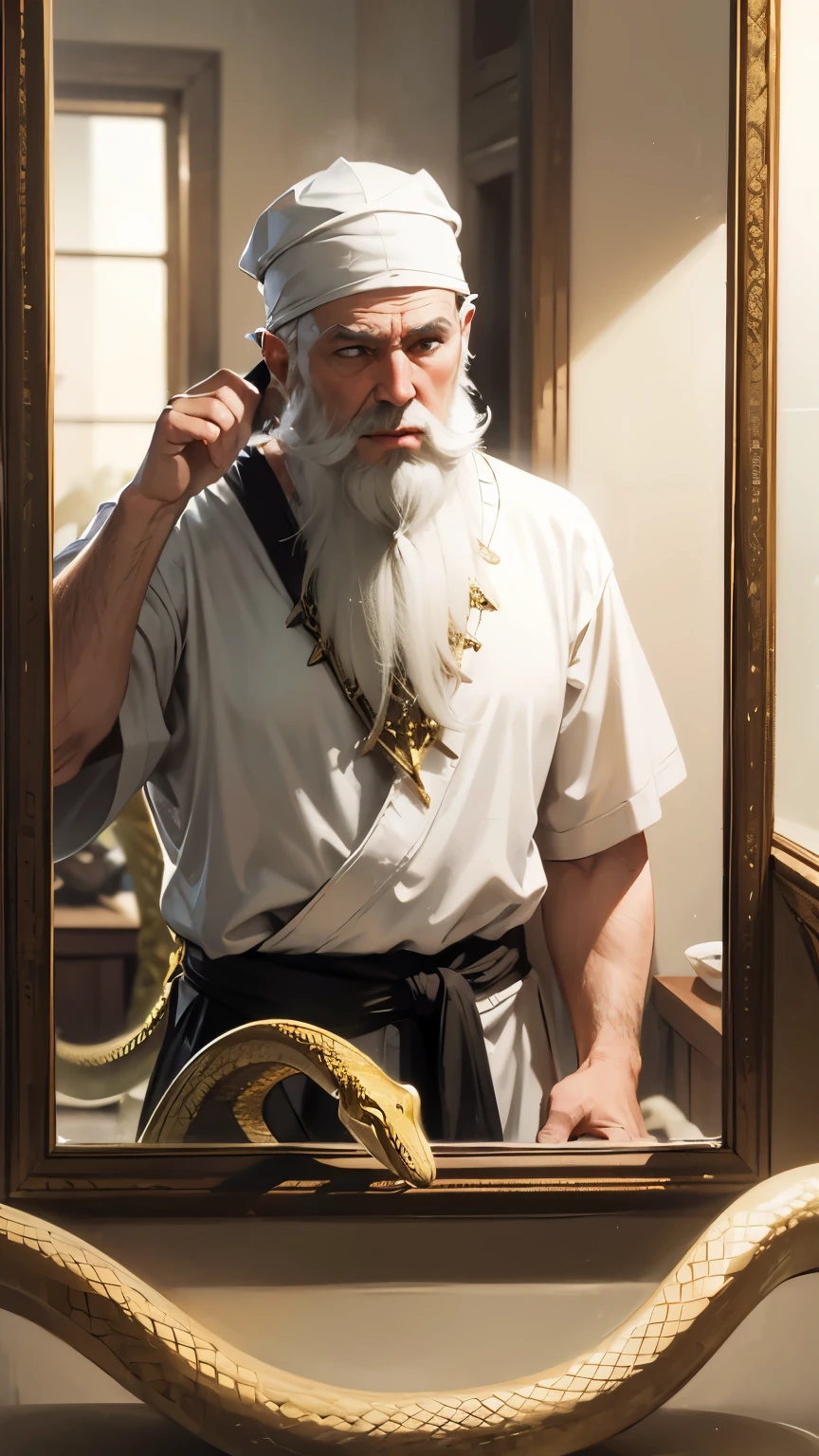 Pharisee with white beard in festive robe with jewels looking in the mirror, instead of the Pharisee, one sees in the reflection a large snake that looks dangerous