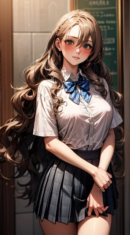 (masterpiece:1.2, highest quality), (Realistic, photoRealistic:1.4), Beautiful illustrations, 
View Viewer, whole body, Front view:0.6, 
1 girl, Japanese, high School girl, (Long Hair:1.5), Hair fluttering, (Half Up, Half Updo), bangs, Hair between the eyes, Big Breasts:0.8, 
Beautiful Hair, Beautiful Face, Beautiful fine details, Beautiful clavicle, Beautiful body, Beautiful breasts, Beautiful thighs, Beautiful feet, Beautiful fingers, 
(Beautiful views), , School,
((Collared short-sleeved shirt, White shirt, , Grey plaid pleated skirt, Blue checked bow tie)), White panties, 
(Are standing, , Roll up your skirt, Grab the hem of the skirt, Place your hand on your chest, Place your hands between your legs), 
blush, nude,Show your chest,