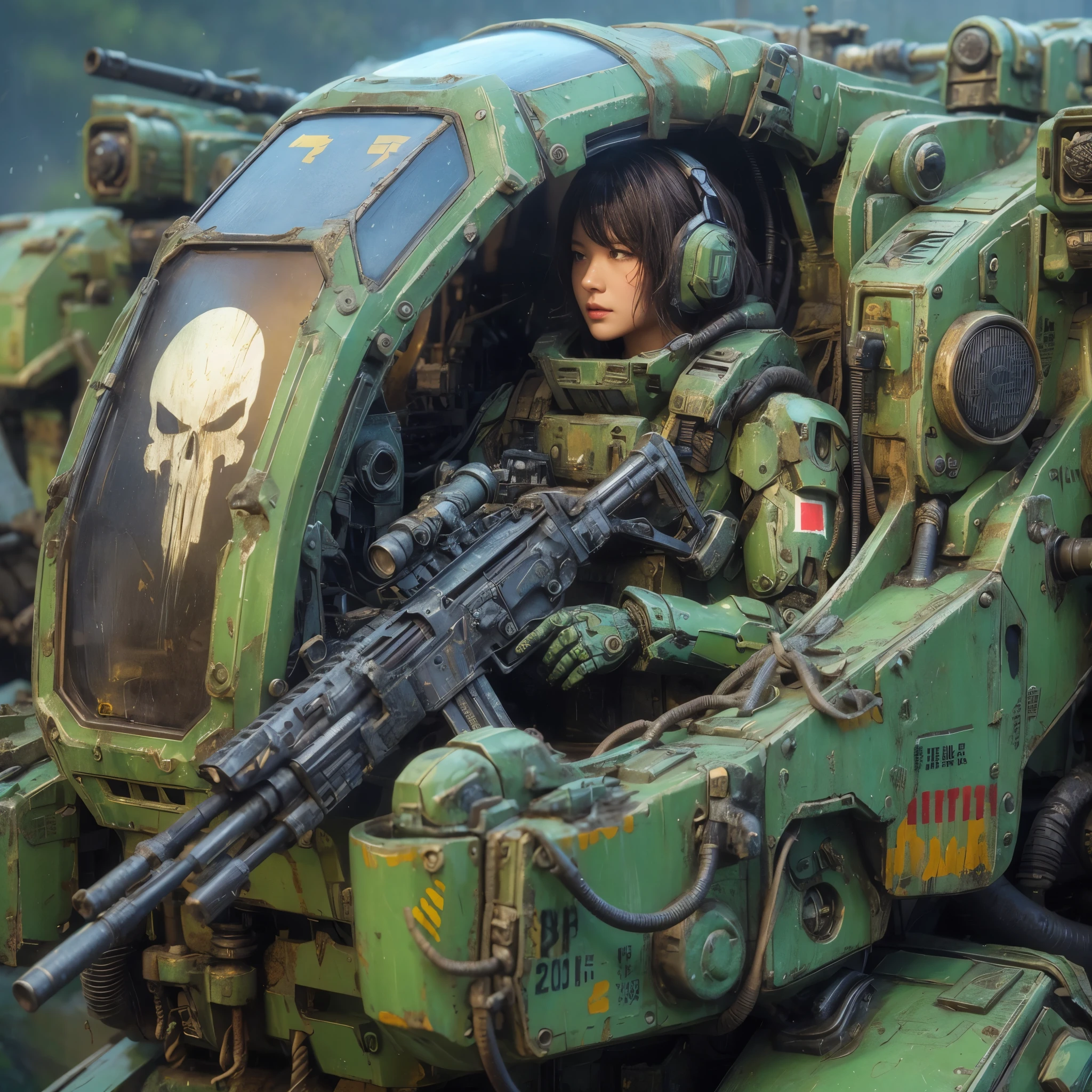 
８ｋ,Realistic Skin Texture、Superrealism、Realistic Photo、Near-future軍所属の日系女性パイロットが大型ロボットの腹部に設置されたコックピットに乗っている、Damaged moss green battle armor robot、Skull mark painted on armor、Near-future、Painting of the unit and identification number、Peeling paint、Oil stains、Detailed Description、Dynamic pose、Armored Core