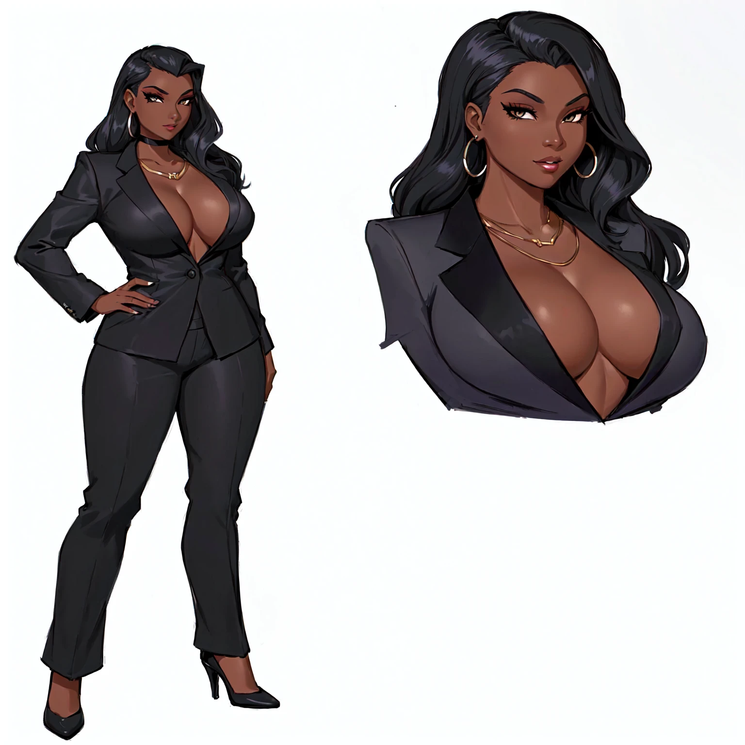 cartoon of a woman in a black suit and a woman in a black top, female lead character, anya from spy x family, dark skin female goddess of love, noir film world character design, official character art, adult character, full body character concept, unrealistic character concept, character full body portrait, full body character design, the smooth black lioness