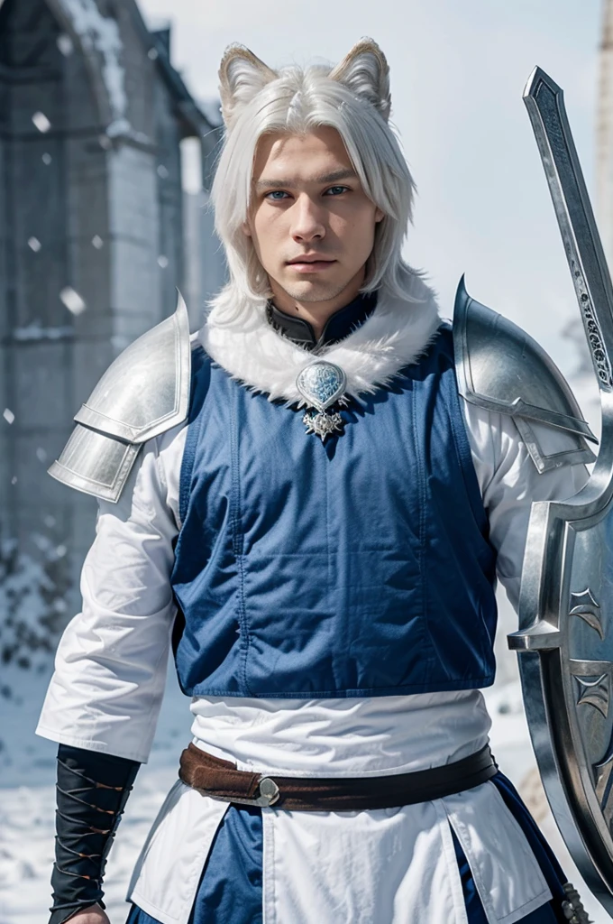 HD, high quality, details, a wolf king, white long and side short hair style color, white wolf ears, blue eyes, warrior clothing, armored, beside the white wolf, holding a sword on right hand and shield on left hand, snow jungle background, 2:3,