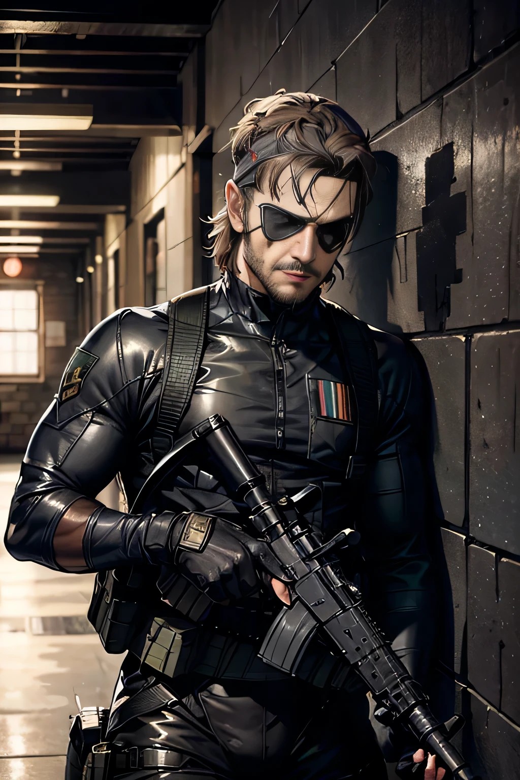 Tight Combat Suit, sneaking suit, 1boy, Big Boss\(Metal Gear Solid)\, blue eyes, brown hair, facial hair, (single eyepatch:1.2), (grey headband:1.3),
Sneaking into enemy territory while carrying an M4 carbine, hiding along a wall in a dimly lit building