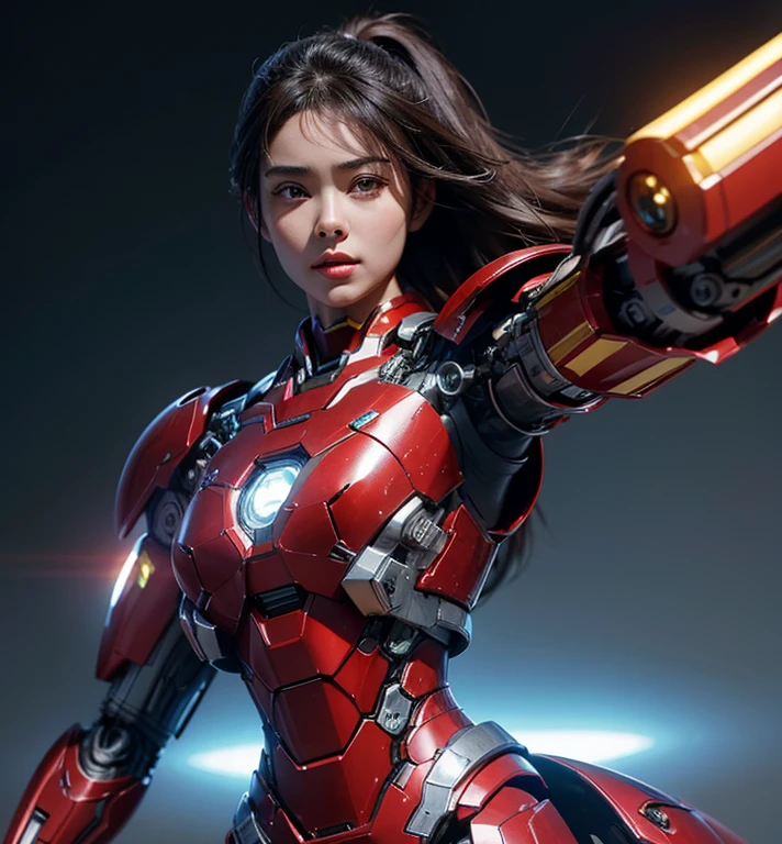 Textured skin, Super Detail, high details, High quality, Best Quality, hight resolution, 1080p, hard disk, Beautiful,(Iron Girl),beautiful cyborg woman,Mecha Cyborg Girl,Battle Mode,Girl with a Mecha Body,She wears an Iron Man mech,A powerful cyborg woman, sleek and futuristic, with advanced mechanical augmentations that enhance her strength and capabilities