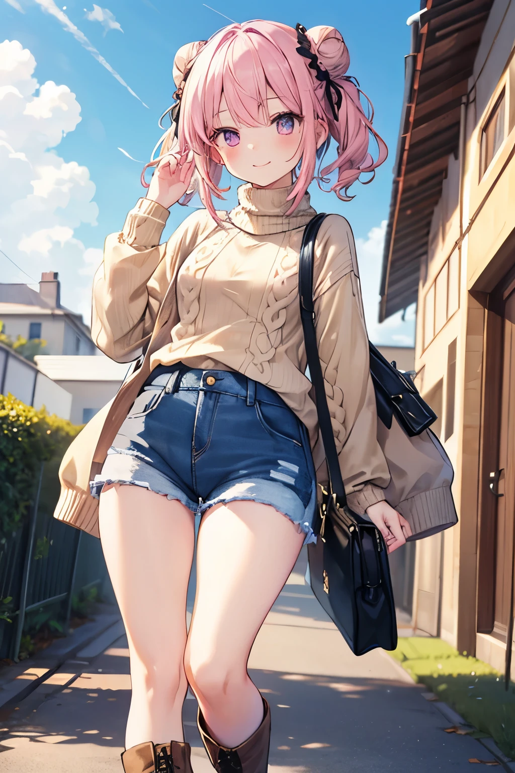 Pink Hair、Pink Eyes、girl、Small breasts、Hair Bun、girl、Small breasts、Lolita、Bright smile、Looks about 15 years old、Petan Musume、short、目のhighlight、Sexy thighs、Walking Outside、blue sky、(Long knit sweater with beige high neck:1.4), ,(Blue jeans fabric shorts),(Black boots)、(Small Black Enamel Bag)、Your eyes are so beautiful、highlight