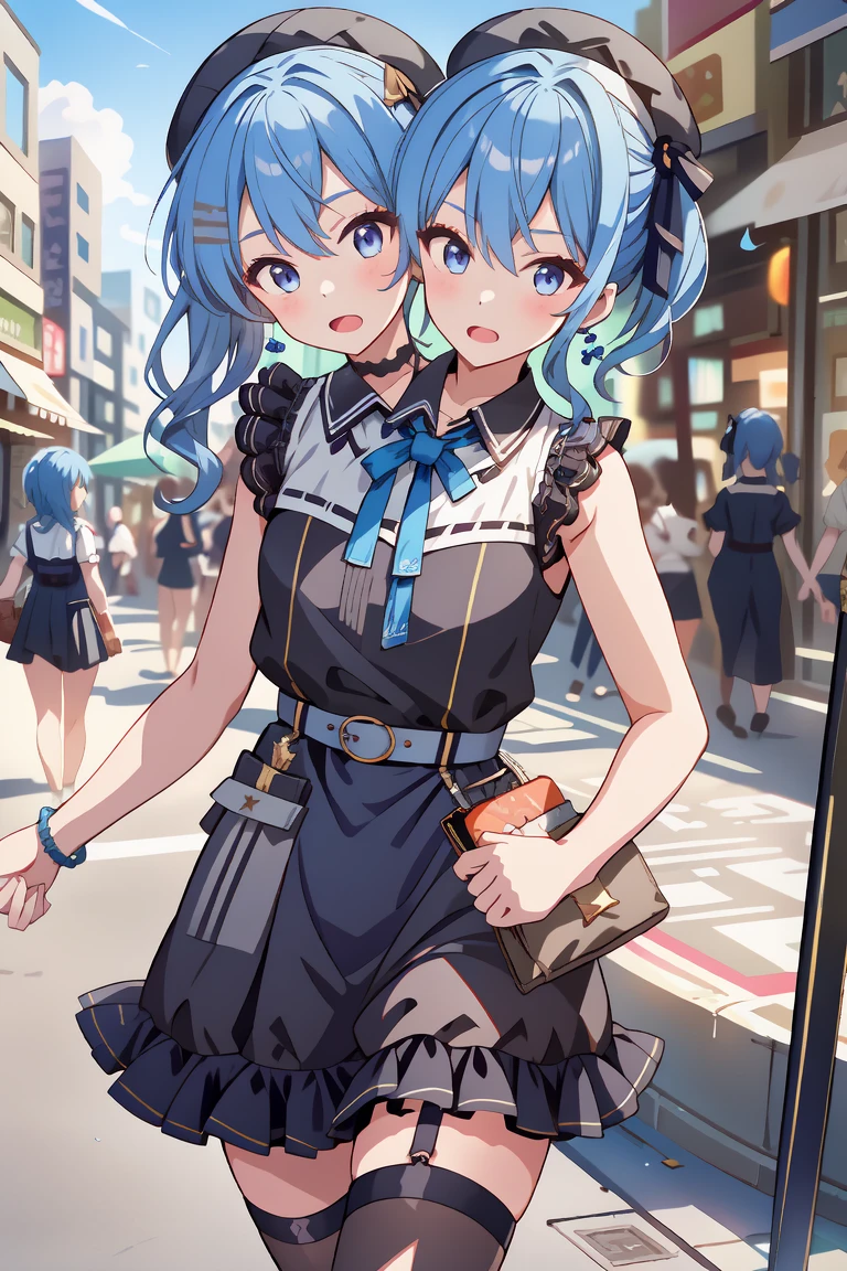 (masterpiece, best quality), best resolution, 16k, (2heads:1.5), close-up, 1girl, solo, HoshimachiSuisei, side ponytail, blue hair ribbon, SuiseiStreet, long hair, half updo, black beret, black dress, collared dress, sleeveless, bow earrings, lace choker, neck ribbon, black belt, orange pantyhose, o-ring thigh strap, single garter strap, (cheek-to-cheek), ((hand holding a wallet)), ((look around, look at the sky)), surprised, frustrating, walking, open mouth, city, Shopping Street, street vendor, morning